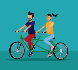 Couple riding double bike cartoon vector illustration graphic design