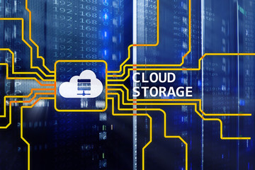 Cloud data storage concept on server room background.?