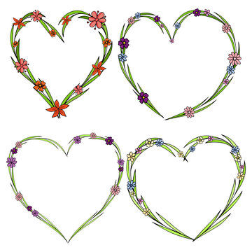 Set of four beautiful flower wreaths in the shape of a heart. Elegant flower collection with leaves and flowers.
