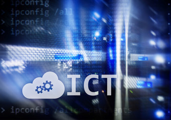 ICT - information and communications technology concept on server room background.?