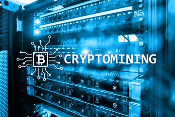 Cryptocurrency mining concept on server room background.?