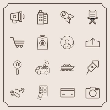 Modern, simple vector icon set with internet, loudspeaker, debit, money, car, loud, banking, travel, navigation, technology, bomb, business, find, mobile, position, point, photo, festival, map icons