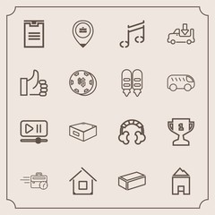 Modern, simple vector icon set with computer, sound, award, drawer, package, video, box, material, note, work, luck, technology, up, building, shipping, estate, music, office, hand, button, home icons