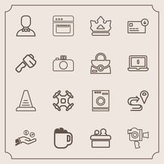 Modern, simple vector icon set with handle, washer, oven, appliance, film, internet, control, business, helicopter, conference, coin, cooking, technology, speaker, step, drink, concept, crown icons