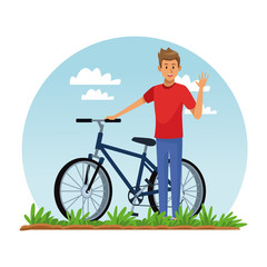 Young man riding bike at park vector illustration graphic design