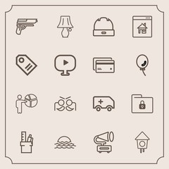 Modern, simple vector icon set with meeting, safety, car, emergency, holiday, wooden, morning, bulb, gun, work, table, landscape, switch, retro, birdhouse, sunrise, weapon, nature, equipment icons