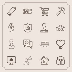 Modern, simple vector icon set with idea, home, pencil, cloud, weapon, construction, bullet, human, avatar, heart, business, crane, retail, industry, gun, transport, love, communication, cart icons