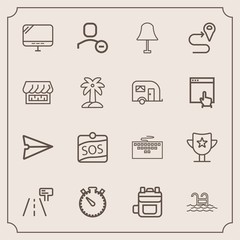 Modern, simple vector icon set with email, swimming, web, modern, light, water, prize, label, backpack, watch, map, win, technology, delete, computer, pc, bag, internet, route, lamp, reward, sos icons