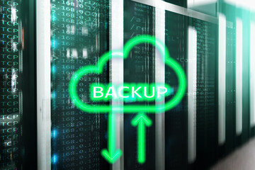 Backup button on modern server room background. Data loss prevention. System recovery. 