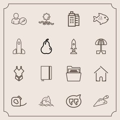 Modern, simple vector icon set with sea, business, insulating, estate, nature, electrical, tape, sunrise, equipment, food, book, house, fish, swimsuit, dolphin, message, woman, architecture, web icons