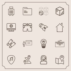 Modern, simple vector icon set with blank, airport, electricity, computer, cardboard, travel, web, lightbulb, guitar, spy, navigation, glasses, route, lamp, search, relocation, bag, package, map icons