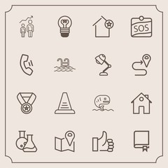 Modern, simple vector icon set with win, medicine, technology, apartment, lightbulb, white, travel, up, prize, development, equipment, location, progress, award, fish, library, sea, hand, map icons