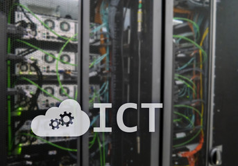 ICT - information and communications technology concept on server room background.?