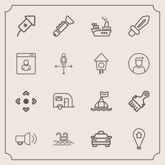 Modern, simple vector icon set with van, military, travel, transport, bugle, map, celebration, swimming, pin, location, blade, background, button, knight, ship, communication, , water, festival icons