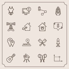 Modern, simple vector icon set with desktop, lantern, sound, craft, water, canoe, sign, rocket, bikini, fashion, lamp, boat, warning, barbecue, headset, travel, web, music, swimsuit, meat, map icons