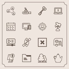 Modern, simple vector icon set with kettle, interface, canoe, display, sea, screen, environment, tree, nature, tea, office, hot, player, boat, kitchen, white, blank, paddle, car, technology, key icons