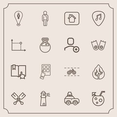 Modern, simple vector icon set with suitcase, summer, lighthouse, drink, modern, bicycle, juice, wheel, environment, car, tree, paddle, mobile, light, book, luggage, boat, landscape, boy, ocean icons