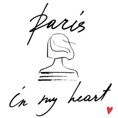 Paris in my heart isolated vector illustration with beautiful girl. Black and white illustration, in a hand drawn style. A small red heart in the corner. - 207239597