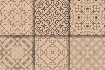 Brown seamless patterns. Set geometric background