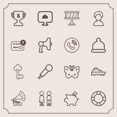 Modern, simple vector icon set with insect, boy, audio, coin, lock, karaoke, instrument, music, people, key, cloud, bank, mic, gramophone, drum, nature, sea, standing, boat, place, money, record icons