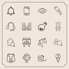 Fototapeta premium Modern, simple vector icon set with globe, ice, notification, bell, food, friction, ball, cell, technology, map, dessert, world, home, wild, animal, balance, infographic, electrical, alert, web icons