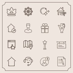 Modern, simple vector icon set with paper, ship, sign, file, internet, office, pin, call, document, travel, home, account, crown, helm, headset, estate, billboard, wheel, success, architecture icons