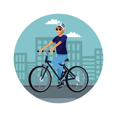 Fototapeta premium Young man riding a bike at city vector illustration graphic design