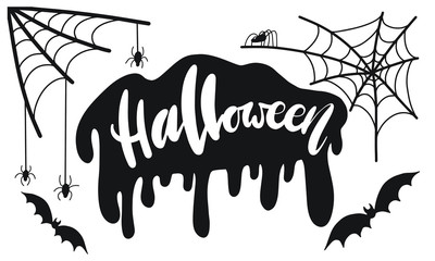 hand written lettering halloween. Vector illustration with web and spider and bats