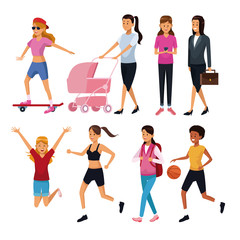 Set of differents women cartoons vector illustration graphic design