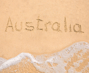 The word Australia written in the sand on beach