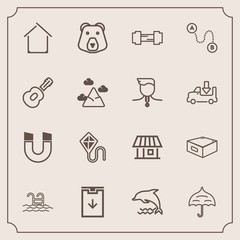 Modern, simple vector icon set with dolphin, water, summer, umbrella, field, sign, pool, nature, bear, sky, destination, download, architecture, workout, estate, travel, animal, blue, drawer icons