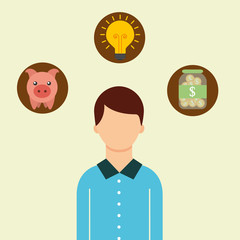 man portrait piggy bank coins creative saving money vector illustration