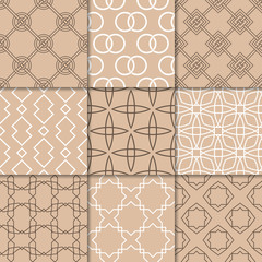Brown beige geometric ornaments. Collection of seamless patterns