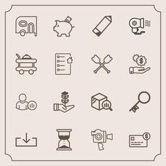 Modern, simple vector icon set with trend, pencil, status, hourglass, handle, seedling, business, film, pen, van, equipment, time, finance, security, profile, transport, download, delivery, card icons