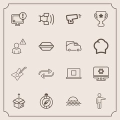 Modern, simple vector icon set with direction, profile, guitar, showing, sun, replace, technology, telephone, warning, award, south, nature, east, sign, package, military, sunrise, web, new, box icons