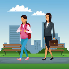 Young women walking cartoon at city vector illustration graphic design
