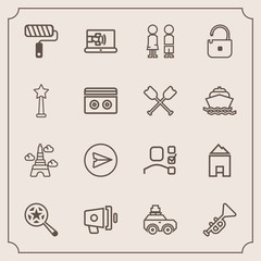 Fototapeta premium Modern, simple vector icon set with web, personal, tool, musical, office, roller, task, communication, bag, suitcase, business, roll, trumpet, megaphone, bugle, message, loudspeaker, boy, paris icons