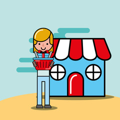customer girl with shopping basket gift market logistic and delivery vector illustration