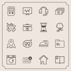 Modern, simple vector icon set with blank, finance, pin, support, speech, sack, file, domestic, business, home, machine, laundry, medicine, building, arrow, office, medical, clothes, paper, call icons