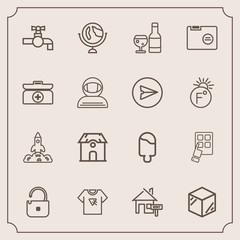 Fototapeta premium Modern, simple vector icon set with science, property, shuttle, food, dessert, launch, package, modern, red, internet, tshirt, home, technology, template, ice, space, global, architecture, water icons