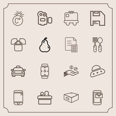 Modern, simple vector icon set with taxi, luggage, time, transport, temperature, spaceship, phone, car, cell, conference, ship, fahrenheit, video, email, clock, minute, watch, space, equipment icons