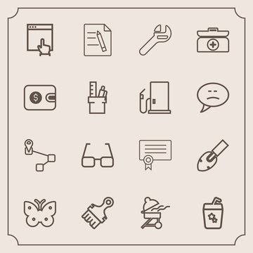 Modern, simple vector icon set with document, web, construction, cocktail, bbq, meat, success, brush, shovel, eye, template, file, repair, mouse, eyeglasses, paint, spanner, wrench, location icons