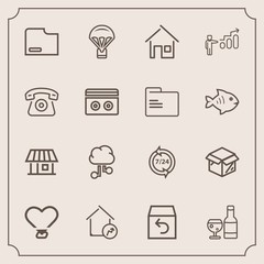 Modern, simple vector icon set with box, heart, glass, help, home, property, building, sky, cloud, new, drink, unpacking, house, network, delivery, love, service, paper, operator, support, order icons