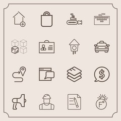 Fototapeta na wymiar Modern, simple vector icon set with chat, business, tag, internet, route, apartment, file, loud, person, home, gift, announcement, price, construction, engineer, navigation, scale, bag, present icons