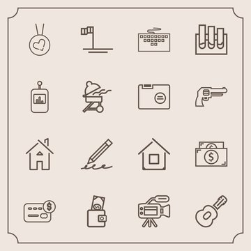 Modern, simple vector icon set with technology, hand, keyboard, education, tripod, lens, card, microphone, guitar, wallet, pencil, home, pen, currency, beach, business, camera, necklace, dollar icons