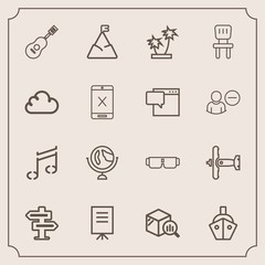 Fototapeta premium Modern, simple vector icon set with business, aircraft, businessman, vessel, concert, statistic, guitar, ship, doorknob, world, music, war, finance, dont, musical, sun, nature, glasses, note icons