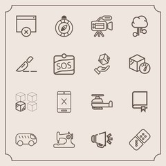 Modern, simple vector icon set with south, aviation, cardboard, helicopter, bus, craft, play, package, highway, cancel, compass, sewing, subscription, sign, voice, relocation, page, library, row icons