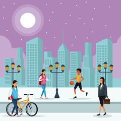 People in the park at night scenery vector illustration graphic design