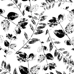 Gordijnen Zwart-wit abstracte bladeren silhouet naadloze patroon © ANNA