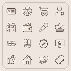 Fototapeta premium Modern, simple vector icon set with direction, identity, technology, equipment, property, identification, id, internet, skater, home, name, skate, trolley, glove, online, buy, real, shop, travel icons